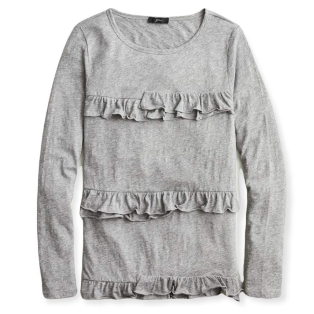 J Crew Ruffled Vintage Cotton Long Sleeve T-Shirt Grey Size Large Tee Crew Neck